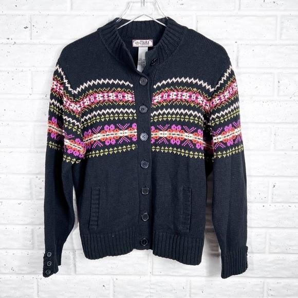 Vintage TIARA Black fair Isle Button up sweater cardigan - Picture 1 of 7